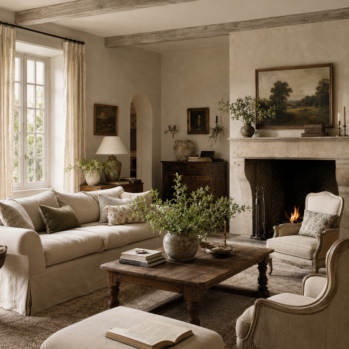 European interior with lime plaster walls, antique stone fireplace, exposed beams, French casement windows and a linen sofa