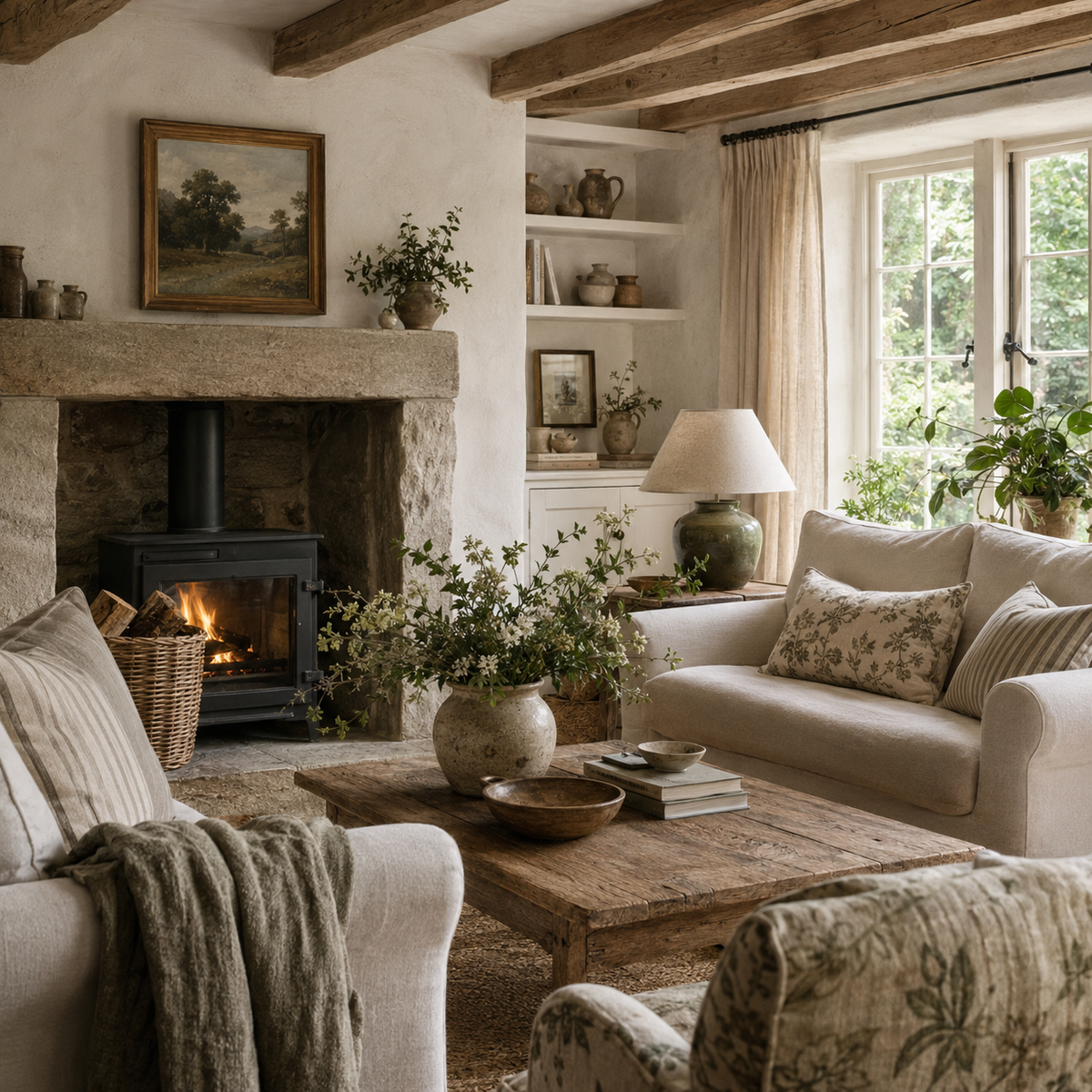 Country cottage sitting room with whitewashed beams, rough stone hearth, wood burning stove, log basket and slipcovered linen sofas