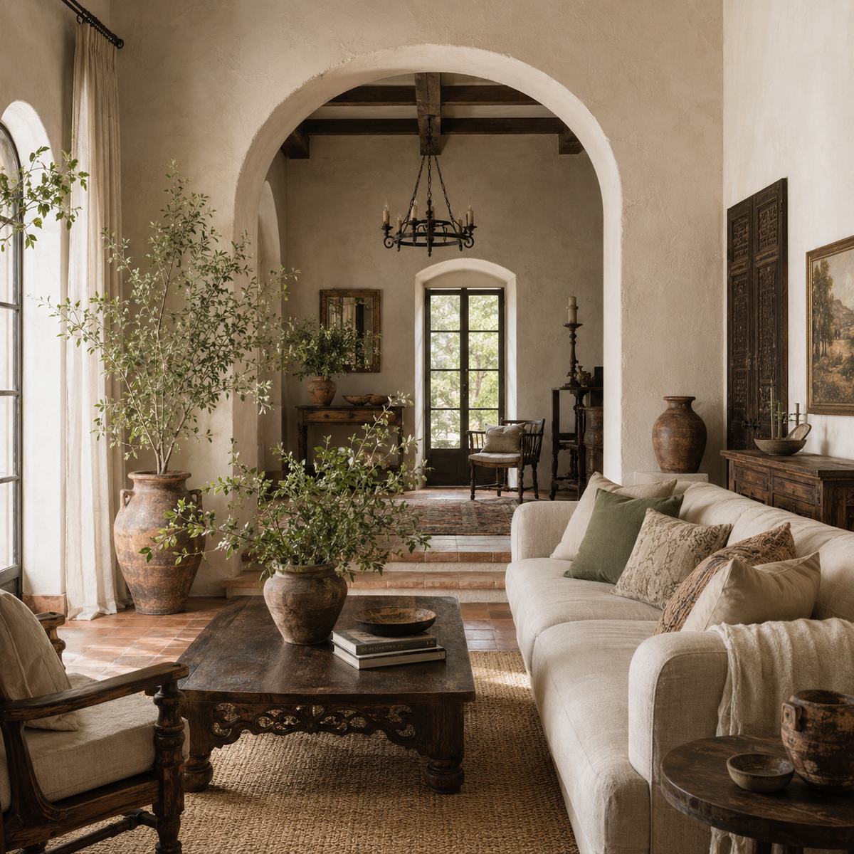 Mediterranean living room with plaster archway, terracotta floor, iron chandelier and olive branches