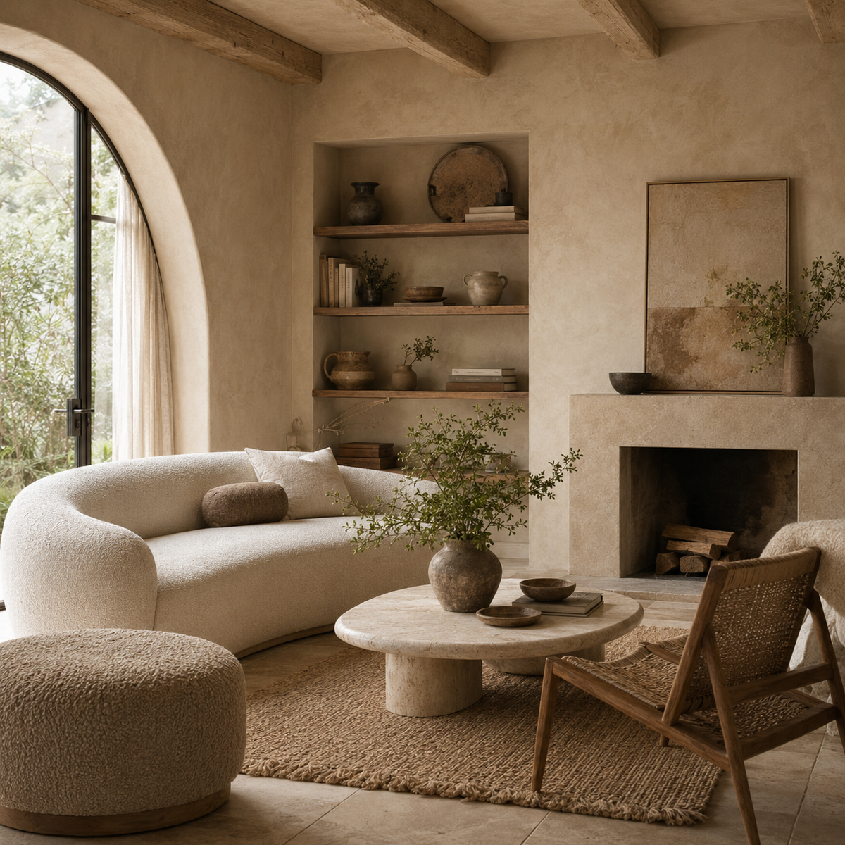 Organic natural living room with curved boucle sofa, travertine table, plaster fireplace and arched window