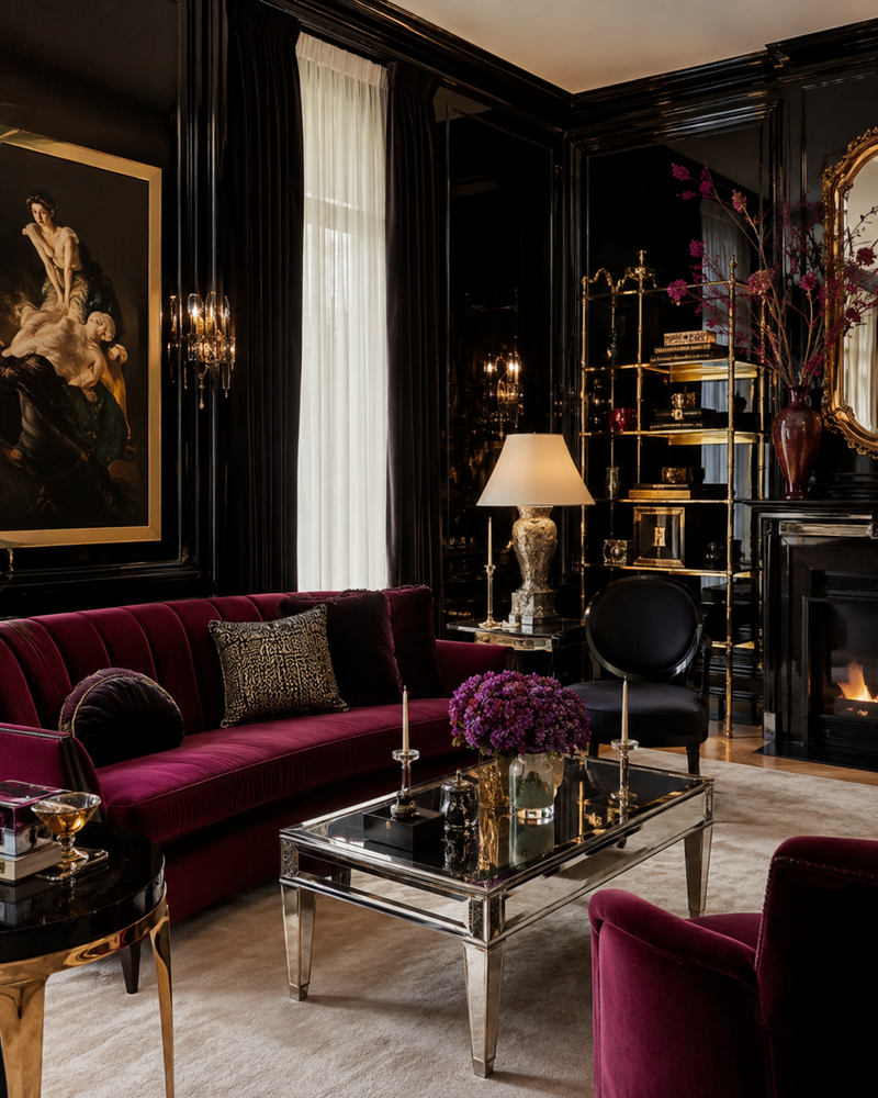 A decorative, high contrast living space