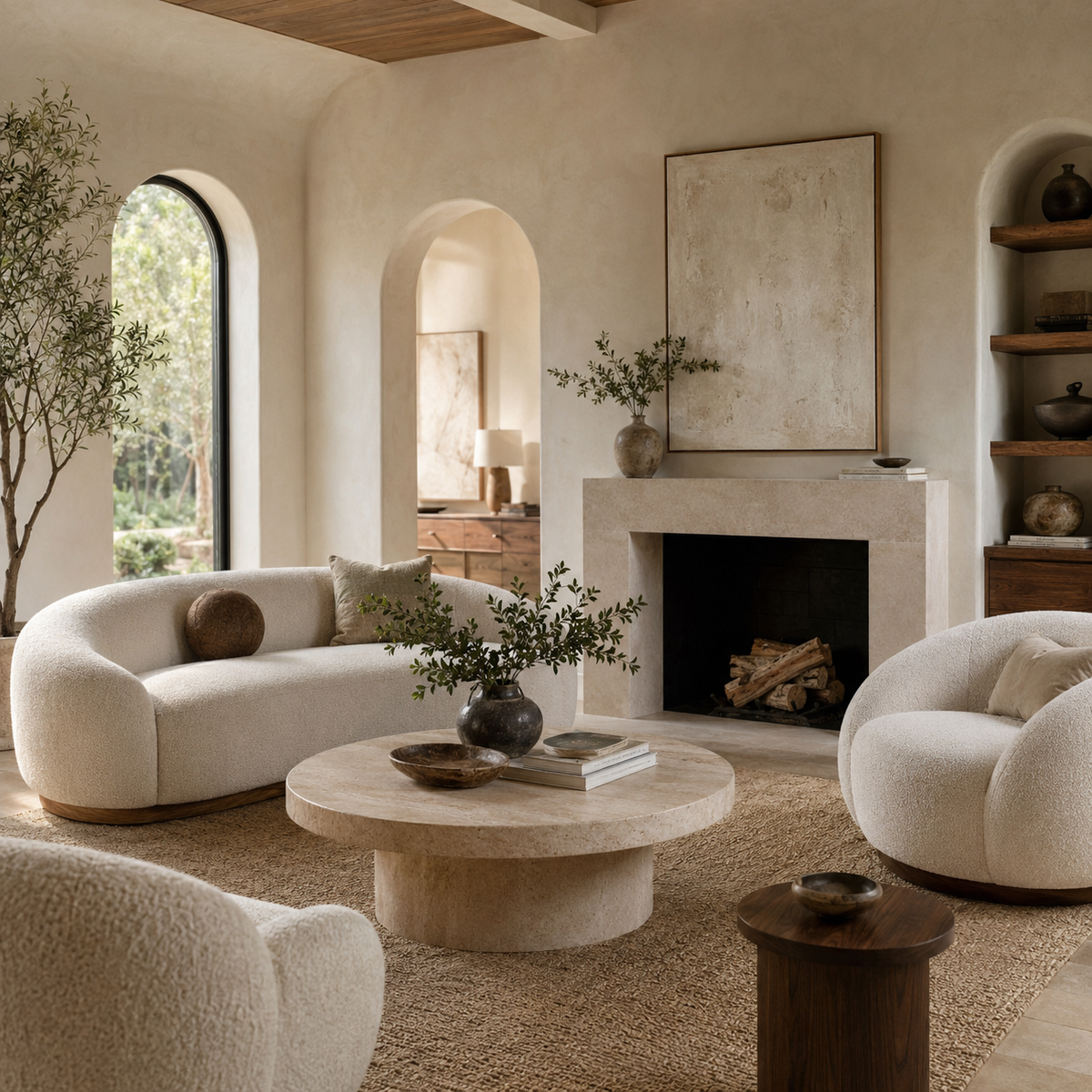 An organic modern living room with oak, plaster and soft neutral upholstery